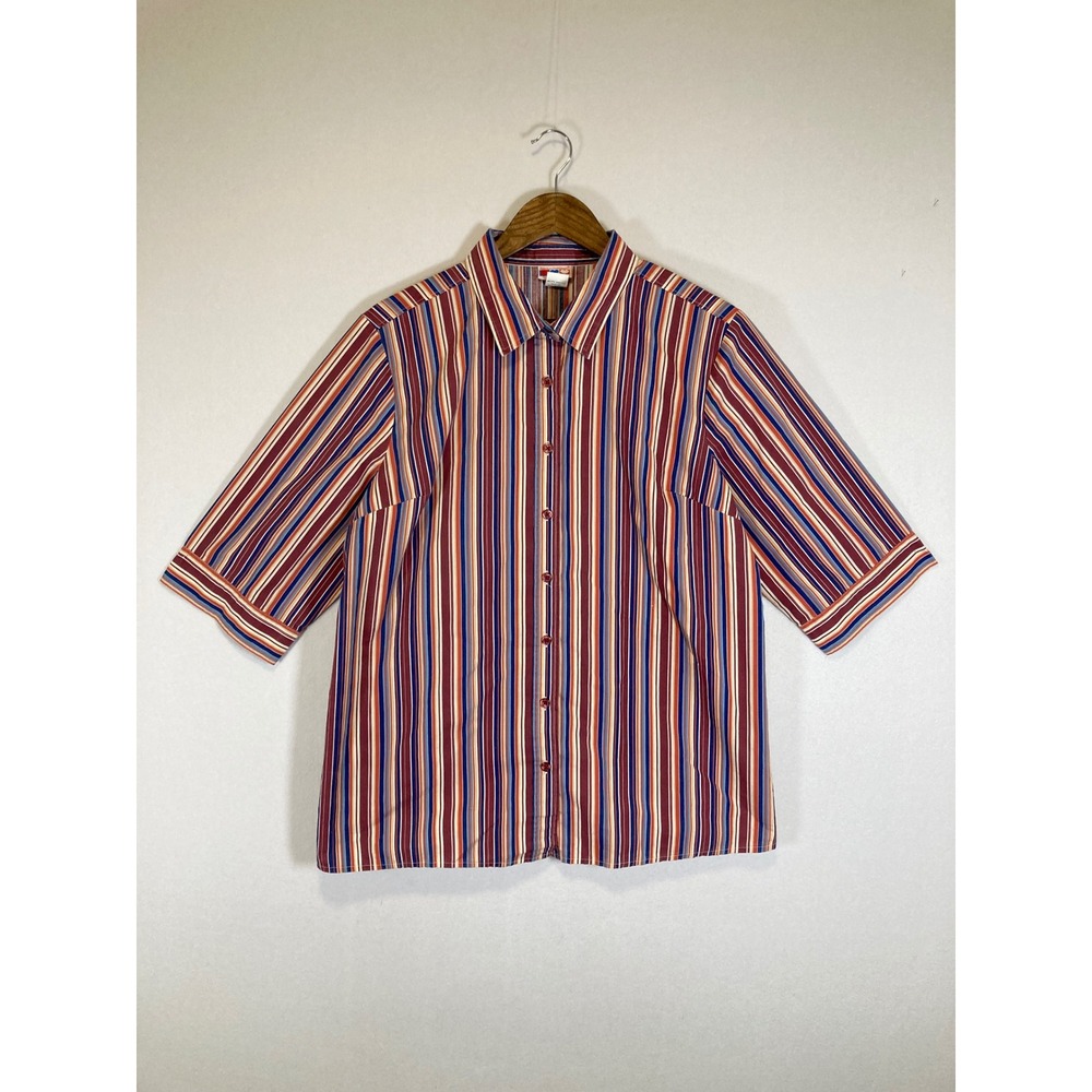 Retro American Sweetheart Womens Large Multi Stripe Elbow Sleeve Button Down B75